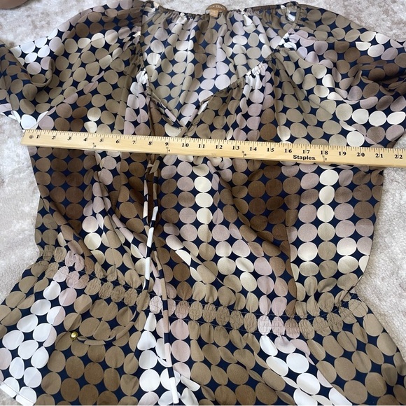 Ellen Tracy Long Sleeve TOP Blouse Large Brown Yellow Geometric Dots Crew SZ XL - Picture 9 of 13